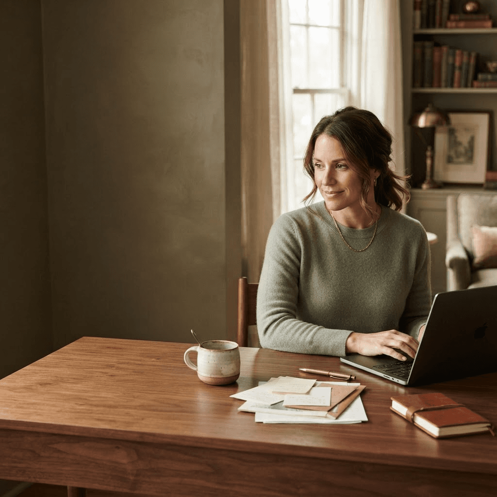 Woman emailing from a welcoming home office while preparing to contact Sunflower Estate Sales.