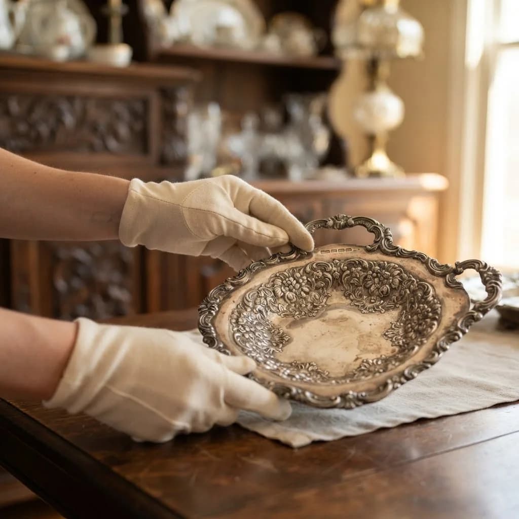 Estate specialist examining antique silver in Johnson County, Kansas