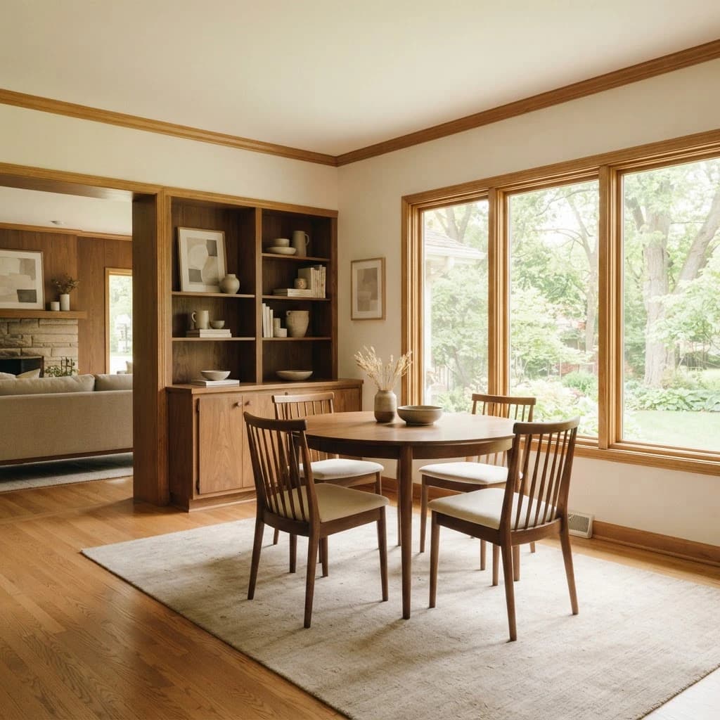 Intimate estate study with walnut bookshelves and warm light