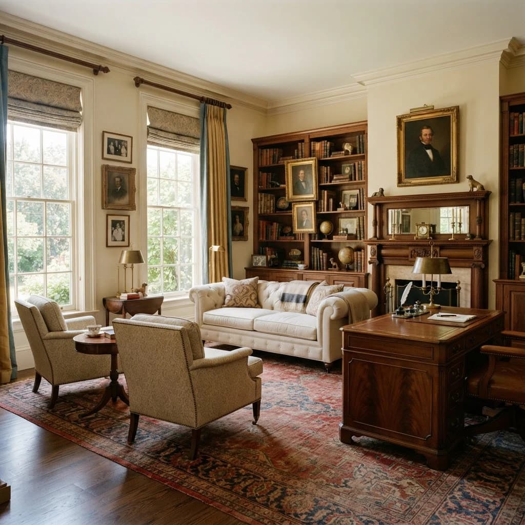 Traditional sitting room with warm wood furnishings and family artwork