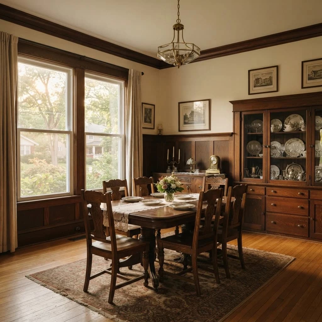 A companion room in a historic Potwin Place home in Topeka, Kansas, with original woodwork and curated heirlooms