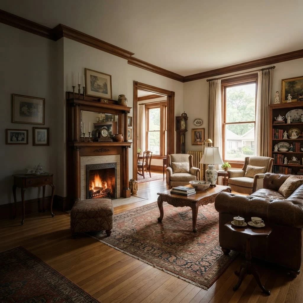 Sunlit historic Potwin Place living room in Topeka, Kansas with original woodwork and curated heirlooms