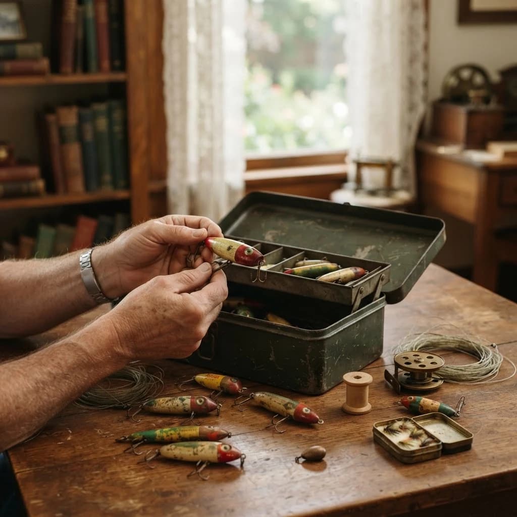 Vintage fishing lures and tackle being carefully evaluated on a wooden table in Topeka, Shawnee County, Kansas